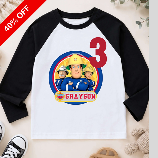 Personalised Fireman Sam Birthday Top for Boys and Girls – Raglan Baseball Style Top, Reduced to Clear AishaBaileyDesigns