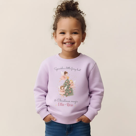 Girls Christmas Sweatshirt: Personalised Christmas sweatshirt for girls with magical fairy and Christmas tree design, custom name print Christmas jumper