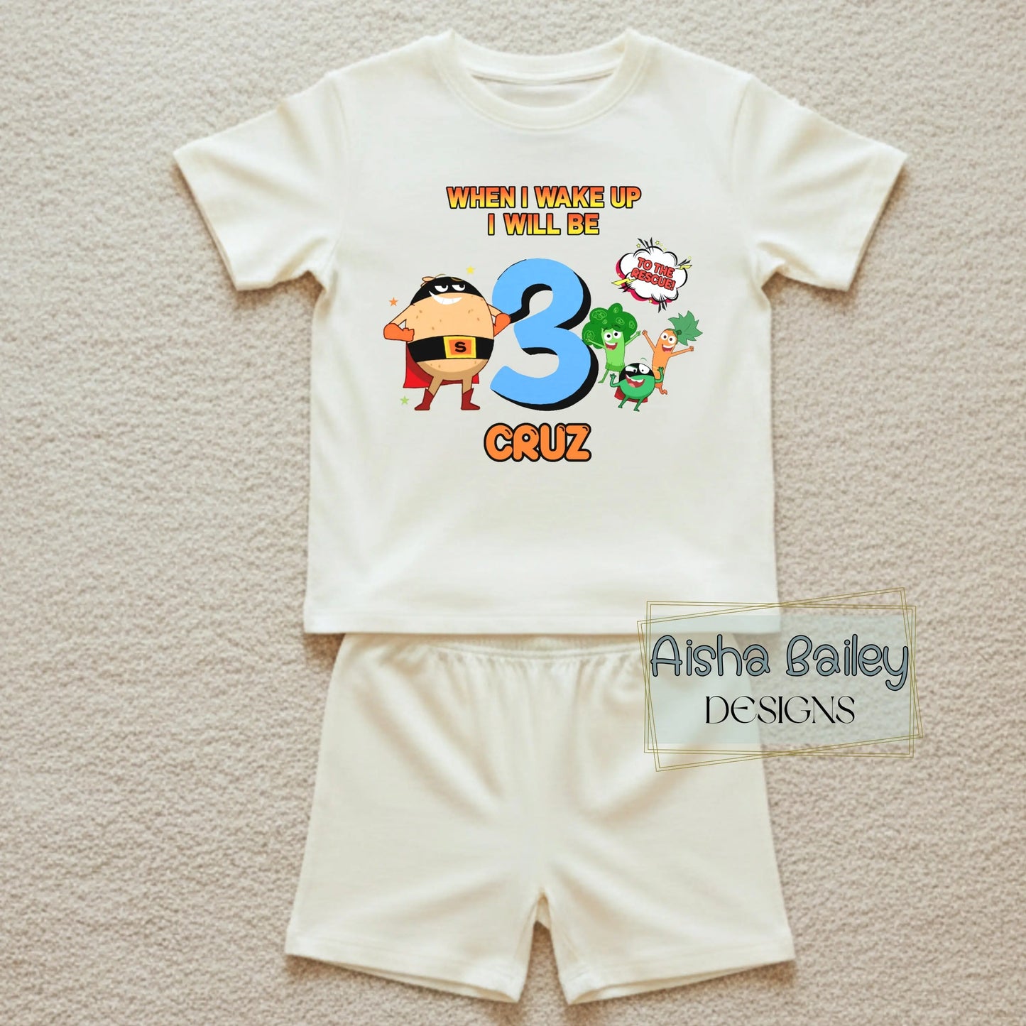 Boys personalised Supertato birthday pyjamas with When I Wake Up design, custom name and age, white star print kids PJs