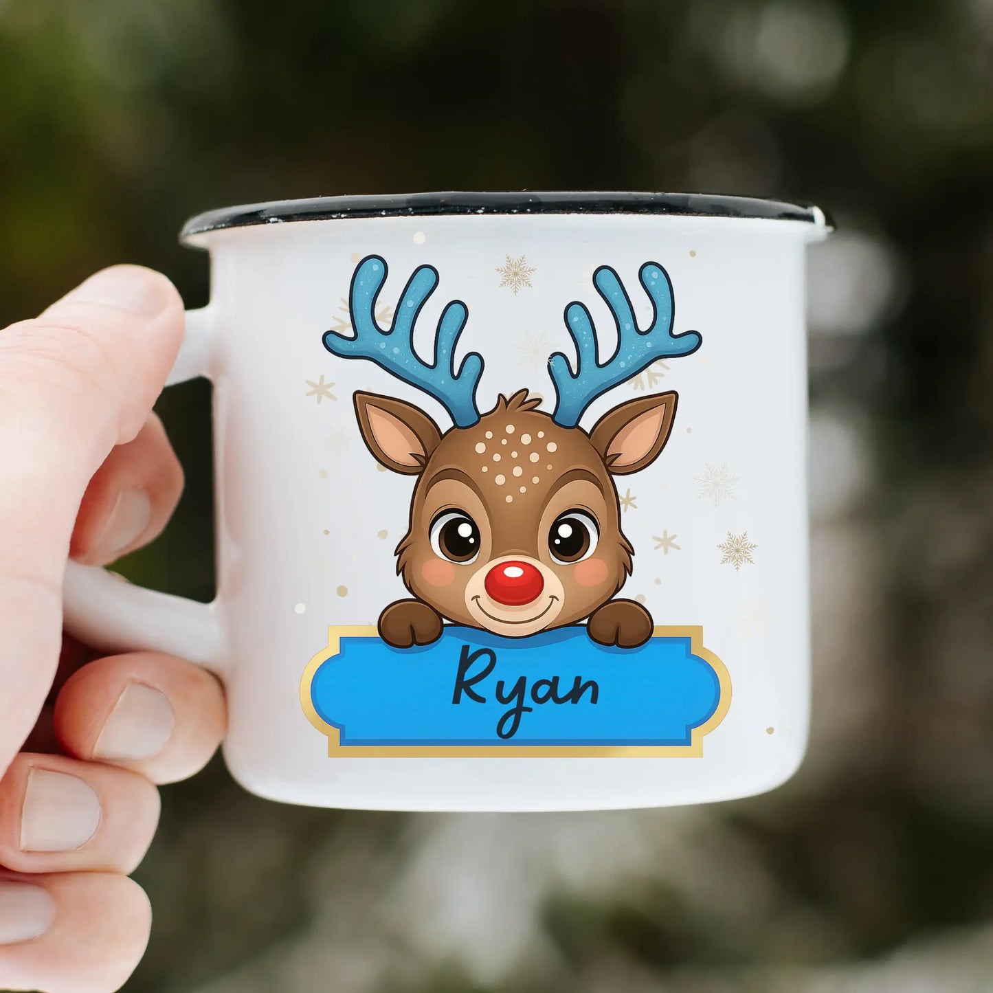 Kids Christmas mug - boys personalised cute reindeer Christmas cup, custom name mug