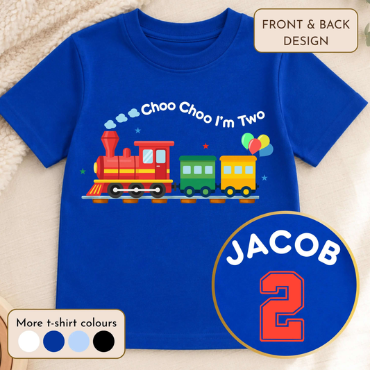 Personalised 2nd Birthday T-shirt featuring 'Choo Choo I'm Two' design for boys celebrating their second birthday.
