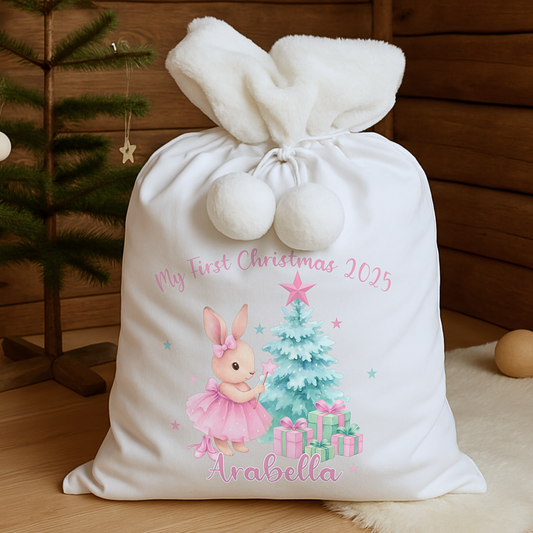 Personalised Christmas Sack with bunny design, luxury Santa gift bag for baby girl’s first Christmas