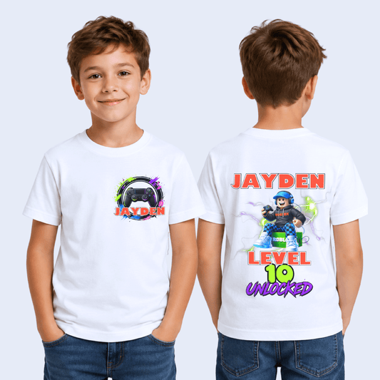 Personalised Roblox Birthday T-Shirt for Boys with custom name, age, gaming controller and Level Unlocked front and back design