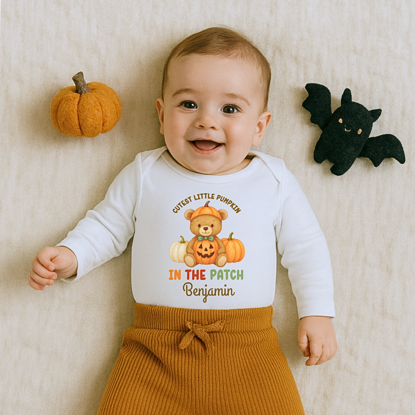 First Halloween Outfit: Personalised Halloween baby bib, romper, vest or t-shirt with teddy bear “Cutest Pumpkin in the Patch” design.