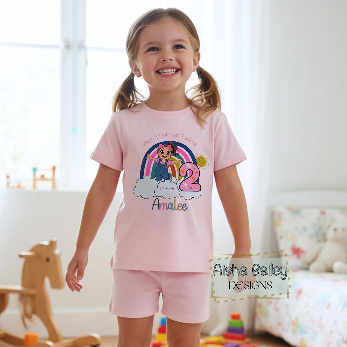 Personalised Ms Rachel Short Birthday Pyjamas with custom name and age for the birthday girl