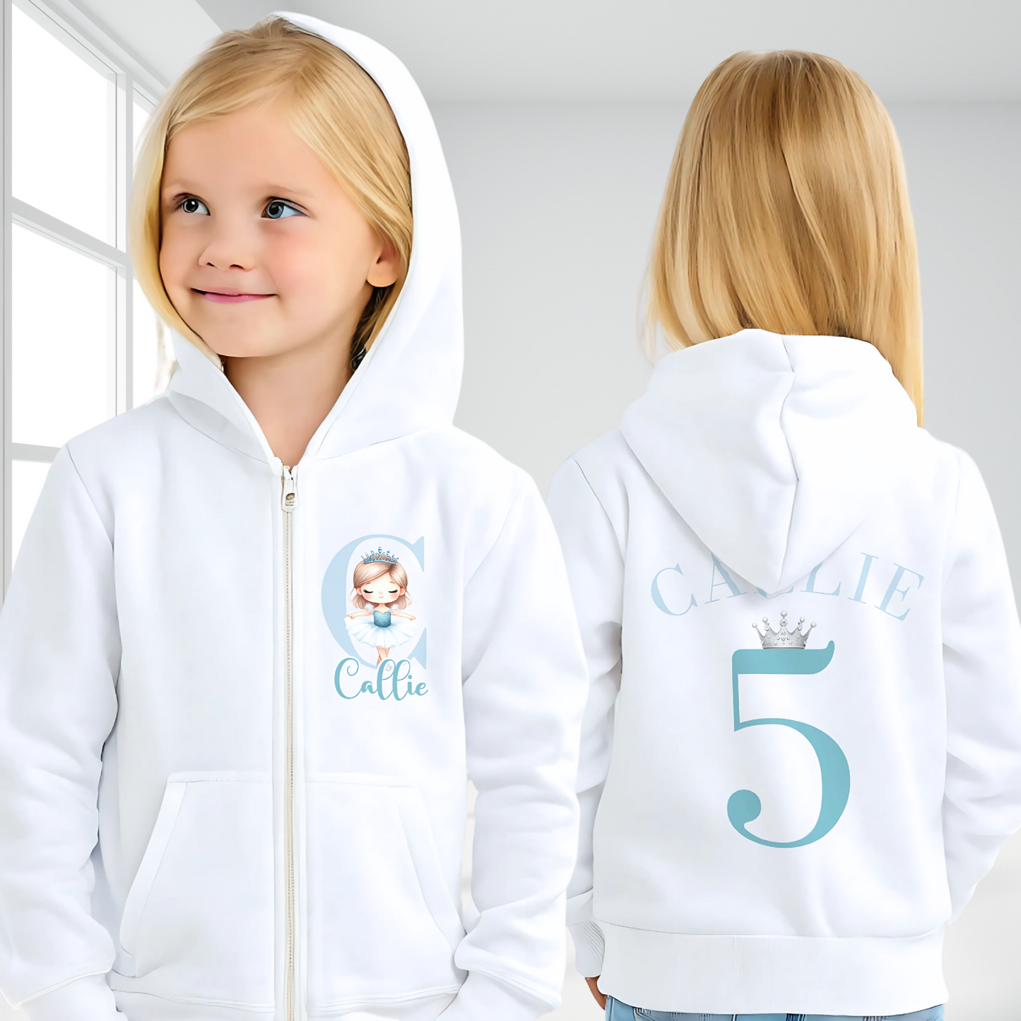 personalised princess hoodie with zip-up front, custom name and initial printed on left chest, and name with birthday number crowned with a tiara printed on the back, soft and cosy hoodie for girls, perfect birthday gift or everyday wear