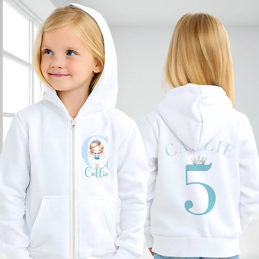 personalised princess hoodie with zip-up front, custom name and initial printed on left chest, and name with birthday number crowned with a tiara printed on the back, soft and cosy hoodie for girls, perfect birthday gift or everyday wear