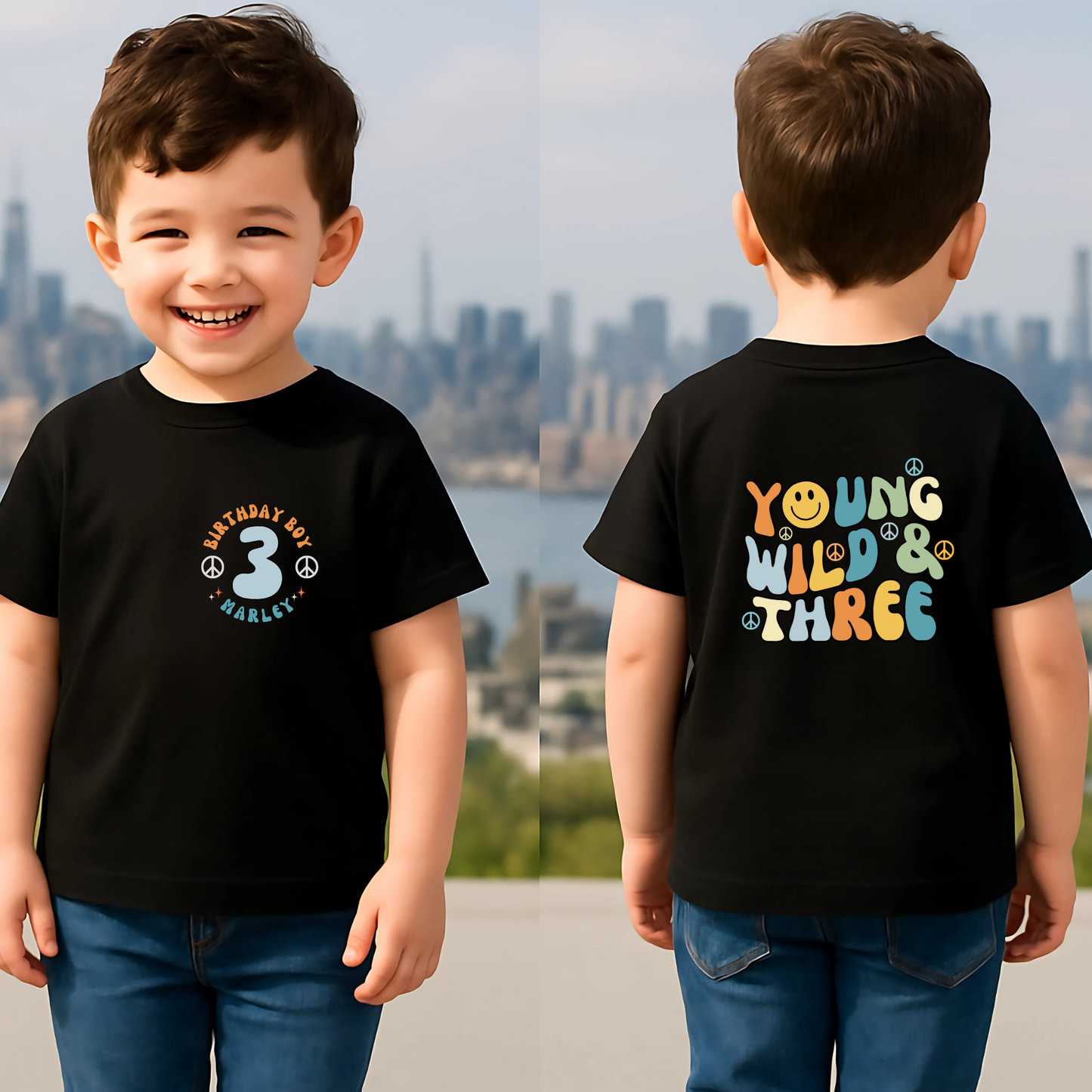 oung Wild and three birthday t-shirt: A boys birthday T-shirt with a Young Wild and Three theme, showcasing a groovy retro style. The front features whimsical retro emojis and the words birthday boy alongside a customisable name on the left breast. The back displays bold retro fonts and graphics for a nostalgic touch. Made from soft, high-quality fabric, this vibrant and playful tee is designed for comfort and style, perfect for third birthdays.