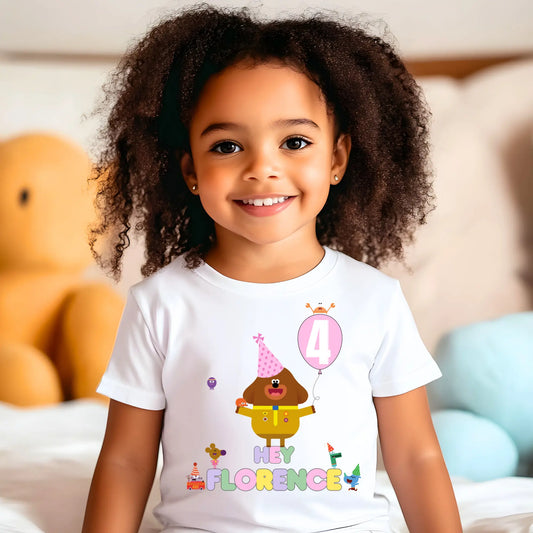 Girls personalised hey duggee birthday t-shirt with custom name and age