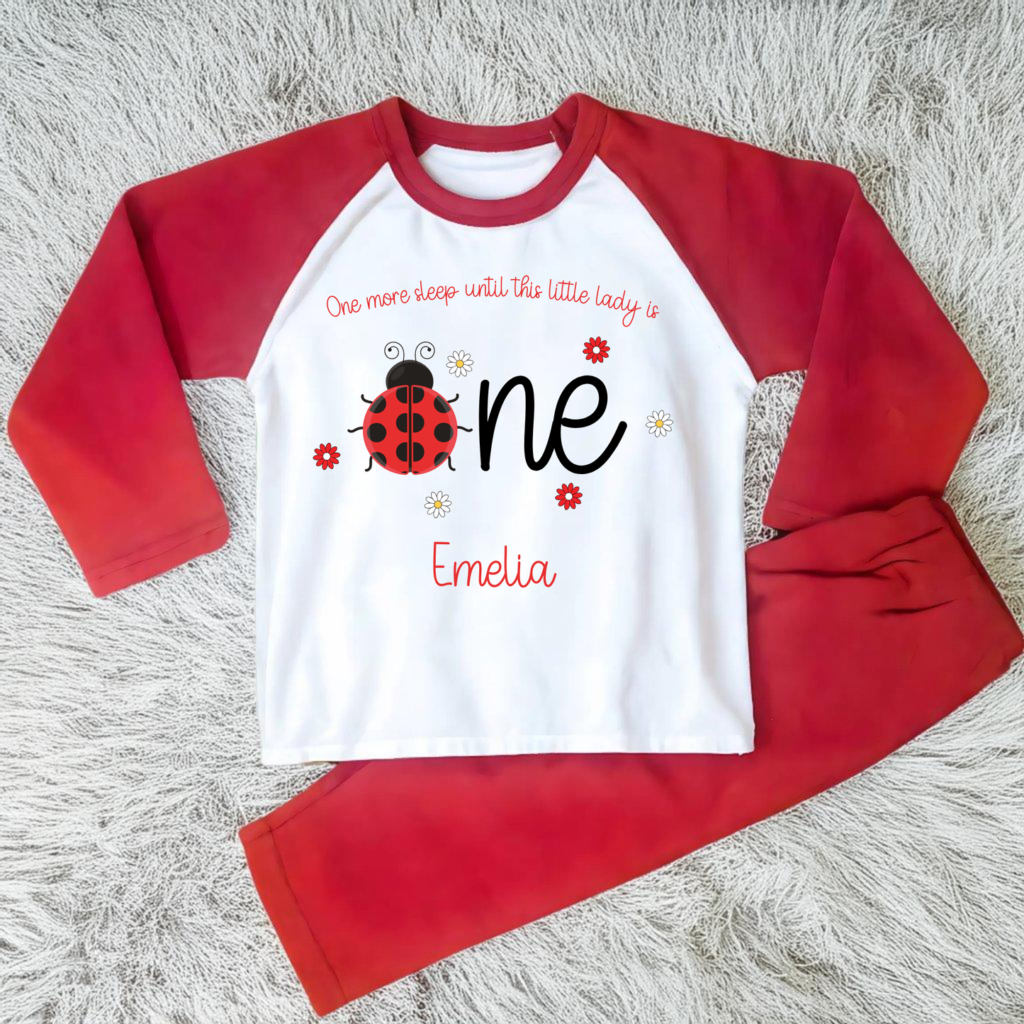 personalised 1st birthday pyjamas, When I wake up one, I am one, custom name pajamas, ladybird birthday pyjamas
