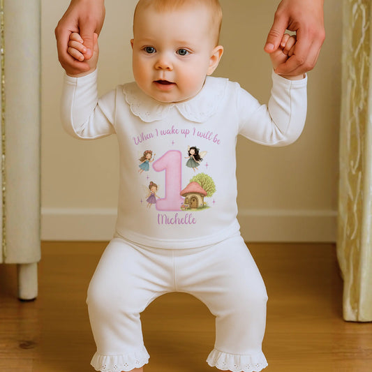 Fairy birthday pyjamas for girls featuring pastel fairy artwork, stars, and custom name and age for a magical personalised birthday outfit.