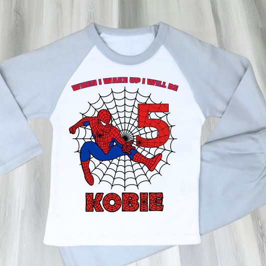 Personalised Spider-Man Birthday Pyjamas with child’s name and age, featuring a colourful superhero design for boys and girls celebrating their birthday.