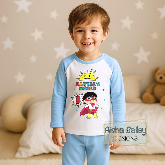 Ryan's World personalised birthday pyjamas for boys with colourful superhero design