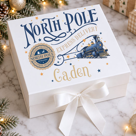 Christmas Gift Box personalised with child’s name and character, featuring a festive Polar Express design, magnetic closure and ribbon tie.