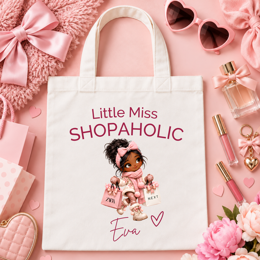 Personalised Tote Bag for Girls: Personalised Little Miss Shopaholic Tote Bag for girls with cute shopping character and custom name, available in eight colours and character styles.