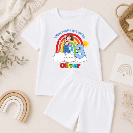 Boys Personalised Ms Rachel Short Birthday Pyjamas - When I Wake Up with custom name and age, colourful rainbow birthday design and short sleeve shorts set.