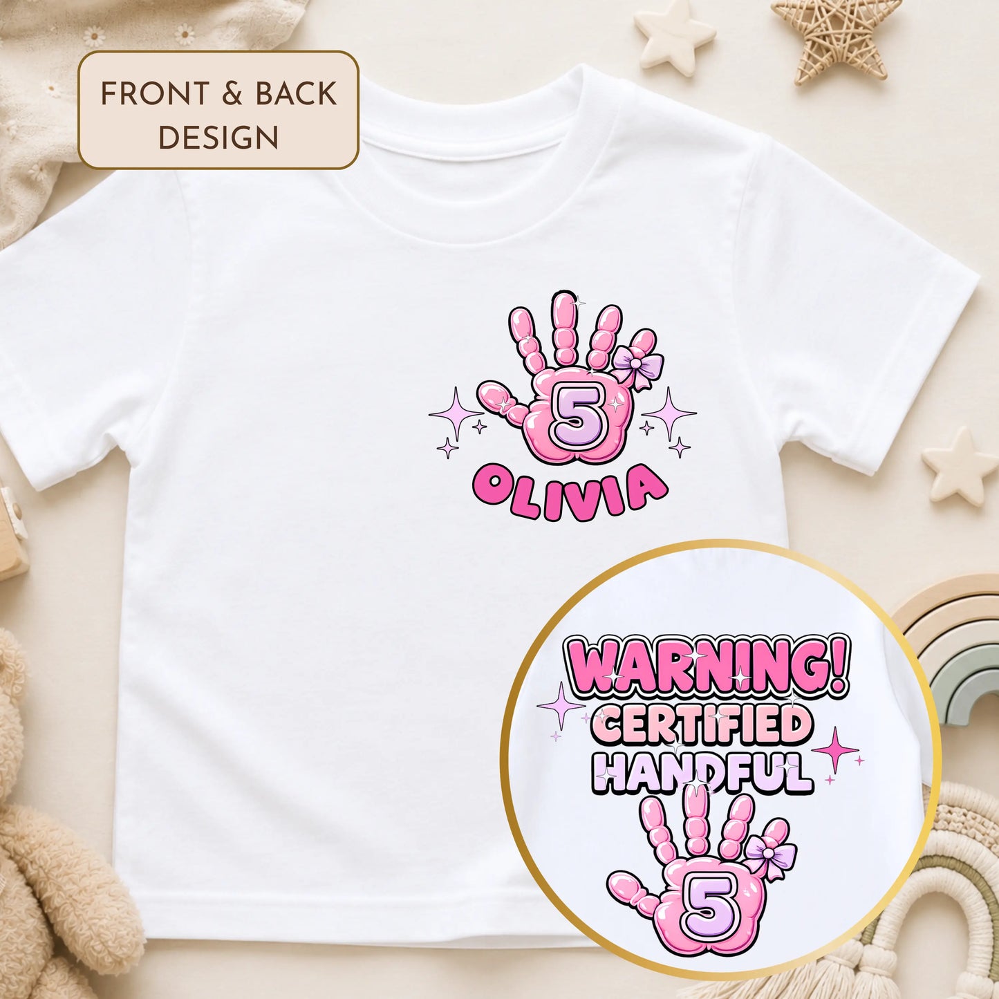 Personalised 5th Birthday T-shirt: Warning! Certified Handful Tee for Girls AishaBaileyDesigns
