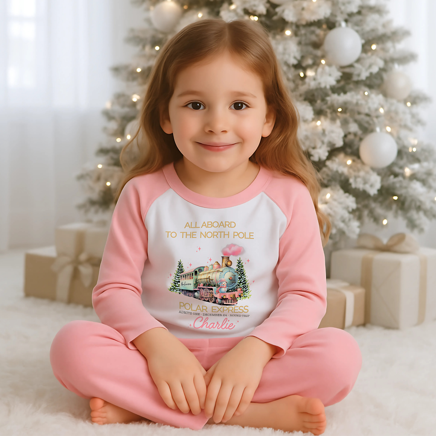 Polar express christmas pyjamas: A set of pink polar express Christmas Eve pyjamas for girls, personalised with a name. These pyjamas are designed to evoke the magic and wonder of the holiday season, made from soft, breathable fabric for a cozy night's sleep. Perfect for dreaming of a Polar Express journey to the North Pole. Girls polar express christmas pjs, christmas pyjamas personalised