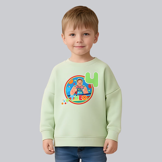 Mr Tumble birthday sweatshirt for kids featuring colourful character design, personalised name option, and bright festive details.