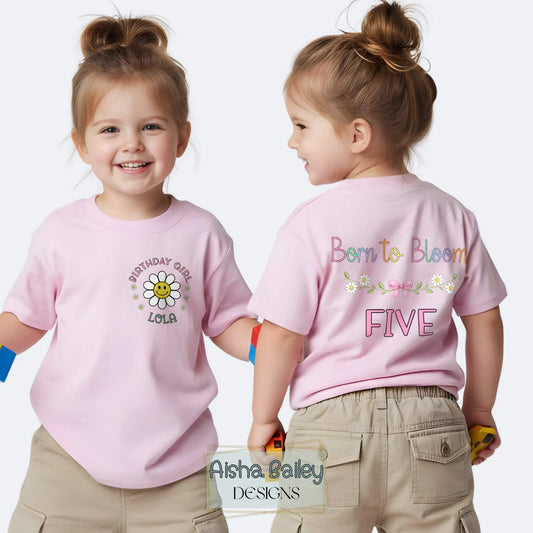 Personalised Birthday Girl T-shirt with daisy design front and Born to Bloom print back