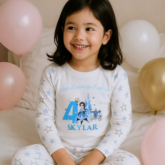 Personalised Girls Princess Birthday Pyjamas - Customise the Blue Snow Princess with your Child's Features AishaBaileyDesigns