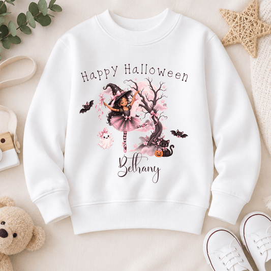 Personalised Halloween Sweatshirt for girls with witch ballerina, black cat, ghost, bats and child's name in pink Halloween design.
