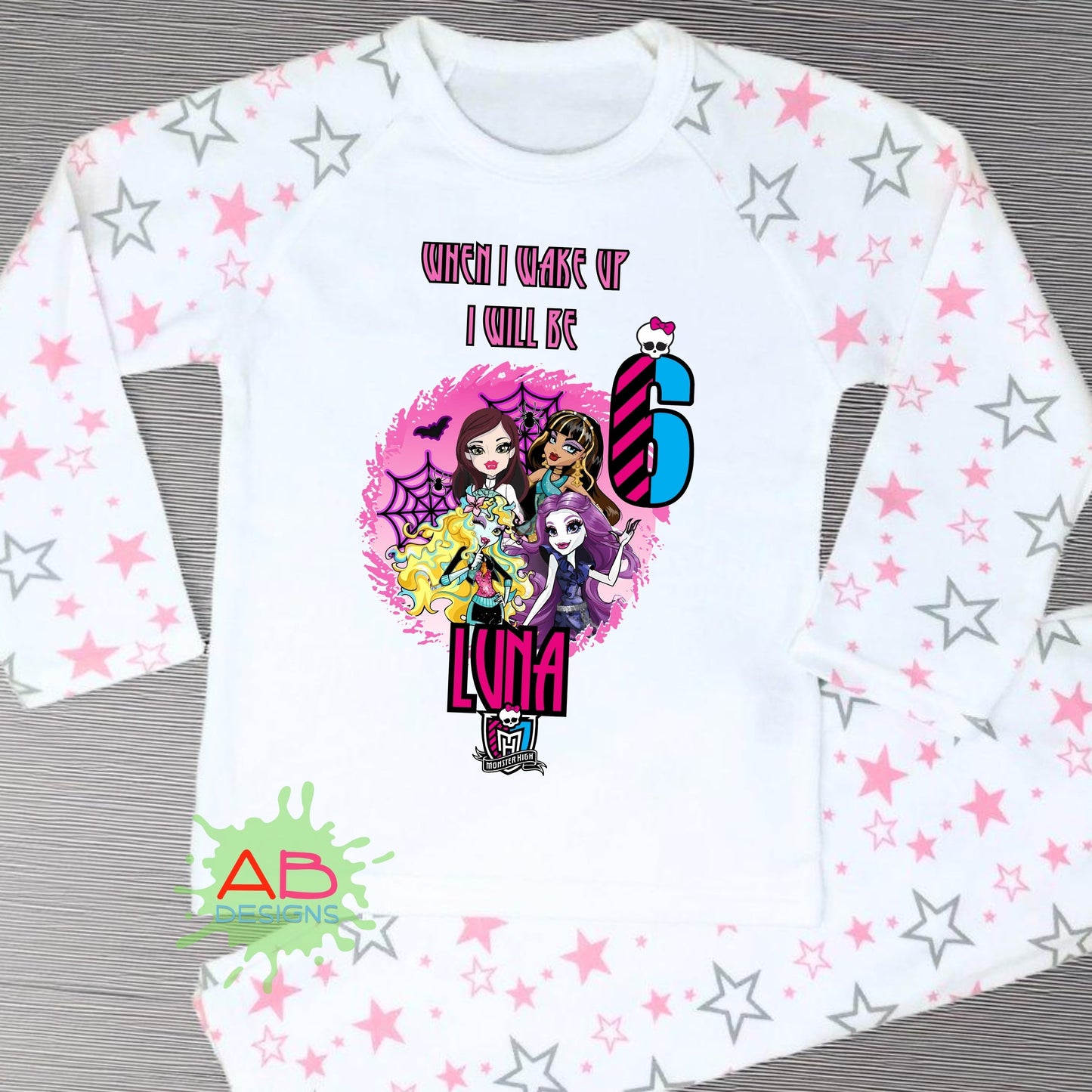 Monster high birthday pyjamas, Girl birthday PJs, Pink Monster High Girl pyjamas, Personalised Birthday PJS Monster Gothic Girl pyjamas, When I wake up monster high
