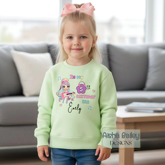 Personalised Girls Birthday Sweatshirt: In My Birthday Era glitter-effect doll birthday sweatshirt with custom name and age, girls cosy birthday jumper no real glitter