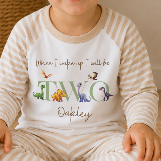Personalised Boys Dinosaur Birthday Pyjamas with child's name and age, featuring colourful dinosaurs, long-sleeve top and coordinating striped bottoms.