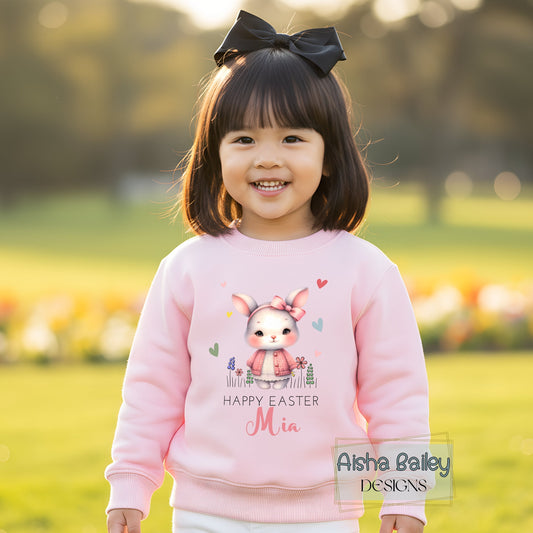 Personalised Easter top: sweatshirt or t-shirt for girls with cute bunny design and custom name detail
