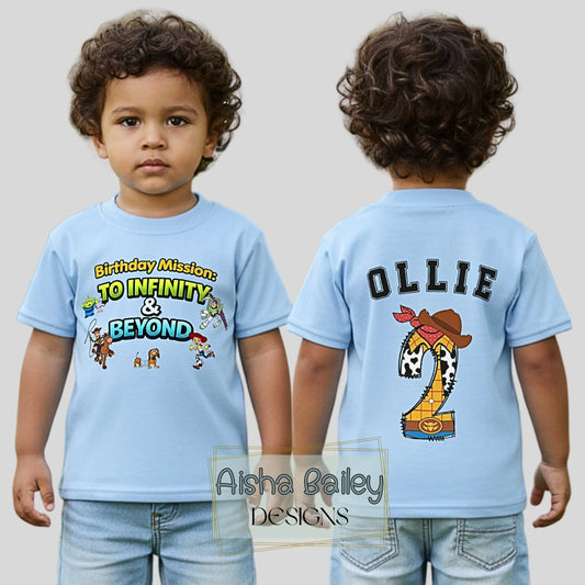 Toy Story Birthday T-shirt, Toy Story personalised birthday t-shirt for boys with custom name age and Buzz Woody or Jessie character on back number design