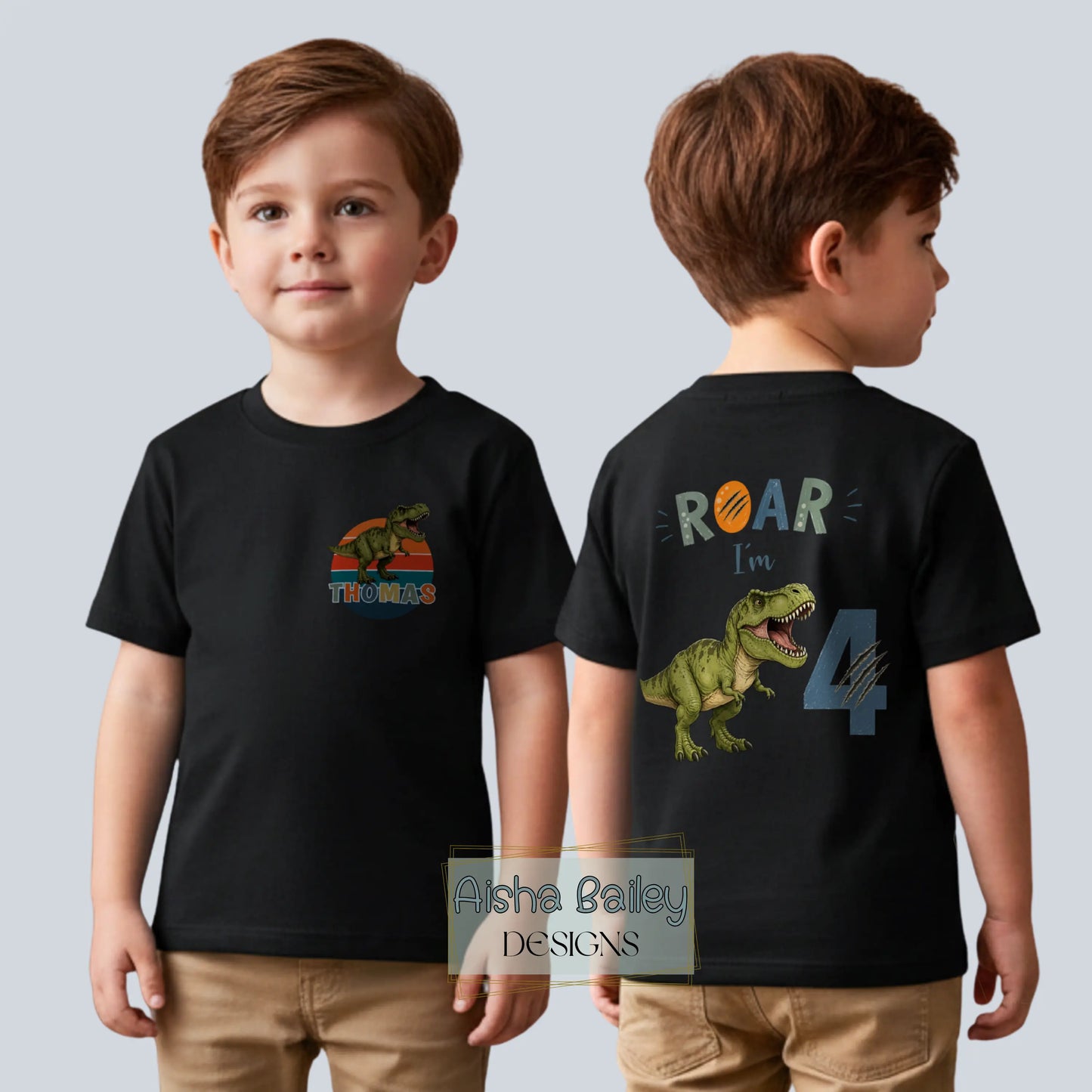 Personalised Boys Dinosaur Birthday T-shirt, Roar I’m 4 - 4th Birthday Tee AishaBaileyDesigns