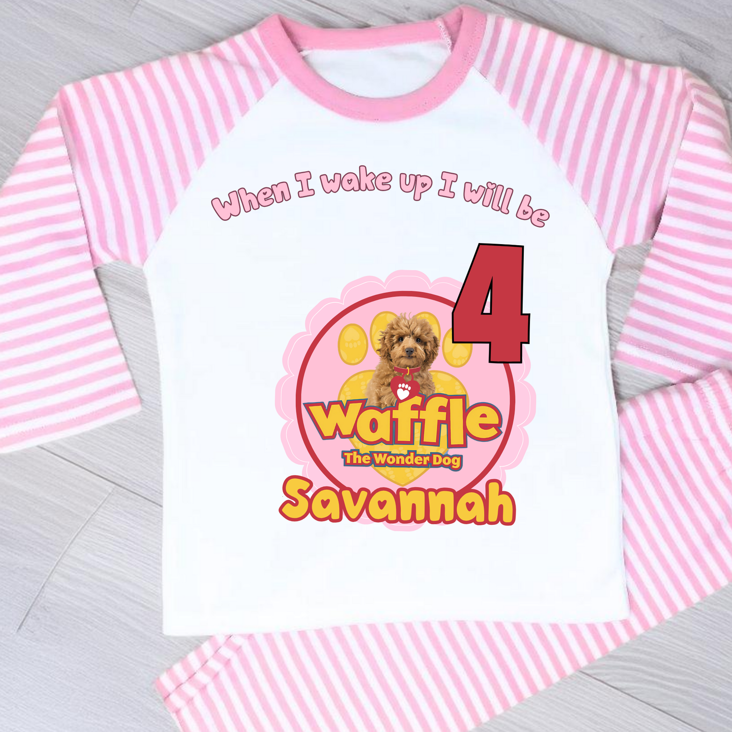 waffle birthday pyjamas, when i wake up waffle, girls waffle the wondedog, custom name pyjamas