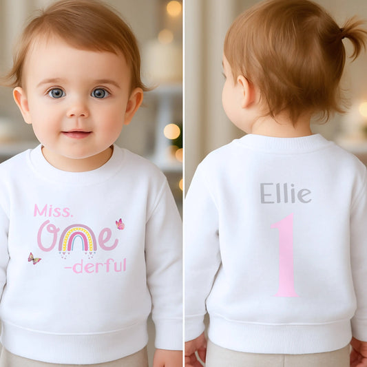 Personalised 1st Birthday Sweatshirt: Girls Miss One-derful Boho Rainbow Sweatshirt for Her First Birthday AishaBaileyDesigns