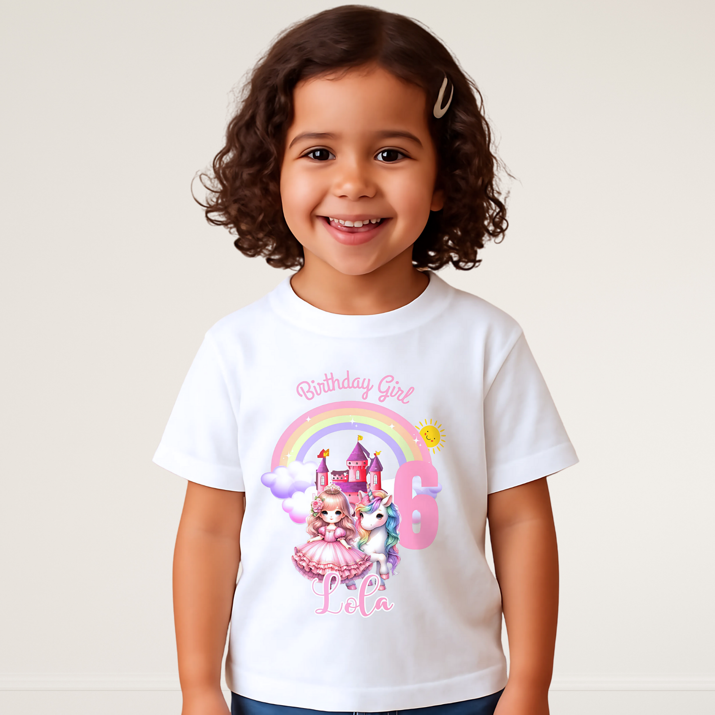 Princess Unicorn Birthday T-Shirt: A white T-shirt featuring a whimsical design of a Princess, unicorn and rainbow, perfect for a girl's birthday celebration. The shirt is personalized with the child's name, offering a unique keepsake. It's crafted from soft, high-quality fabric for comfort and style, making any young girl feel like a princess on her special day. Perfect princess gift, personalised princess tee, custom name shirt, Birthday Girl Princess tshirt.