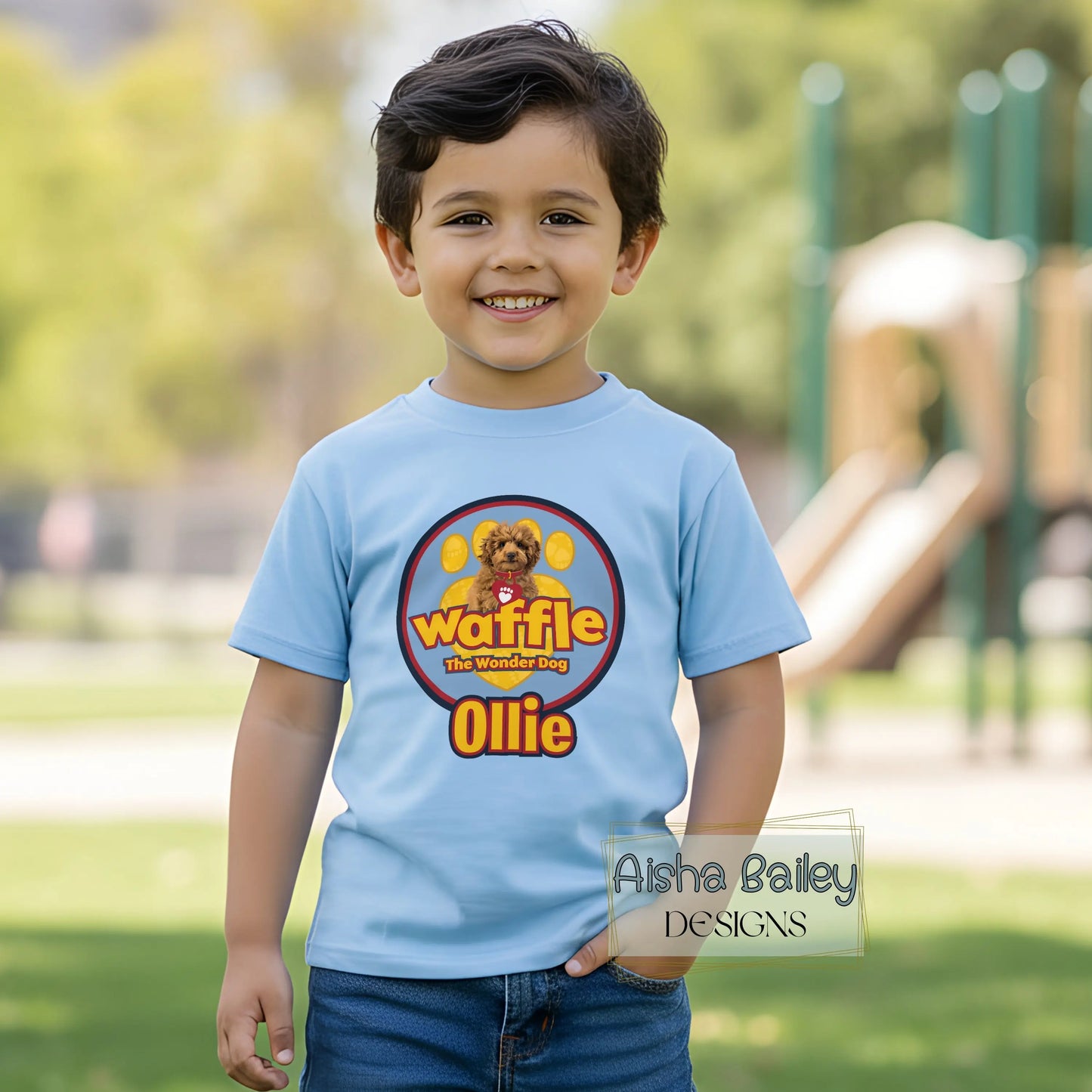Personalised boys waffle t-shirt featuring Waffle the Wonder Dog with custom child’s name, soft lightweight kids top for nursery, playdates and everyday wear