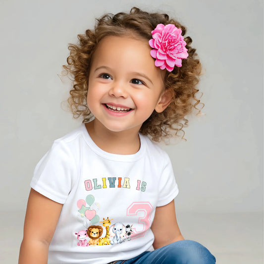 Personalised safari birthday t-shirt for girls with jungle animals, Custom girls jungle animal birthday shirt with name and age