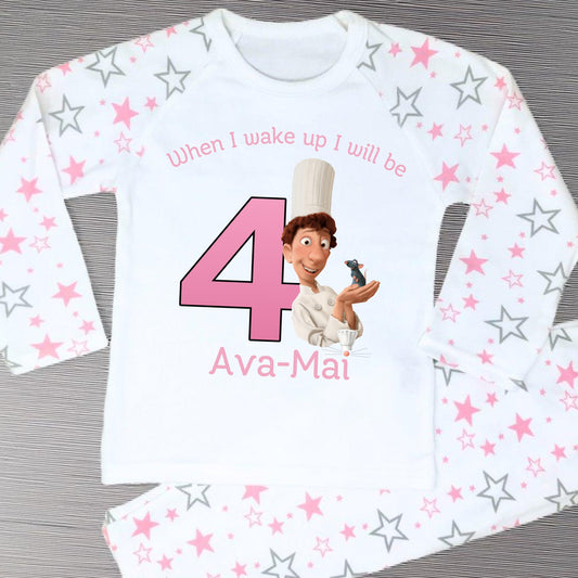 Ratatouille birthday pyjamas: Pink and white star personalised birthday pyjamas with ratatouille character with name and age