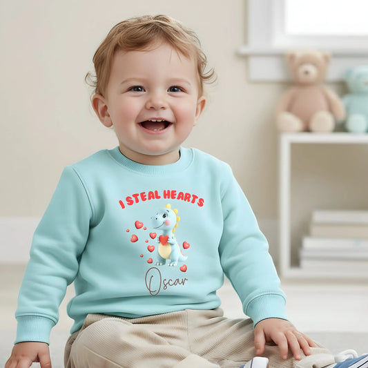 Boys personalised Valentines Day Sweatshirt, dinosaur I steal heart with custom name