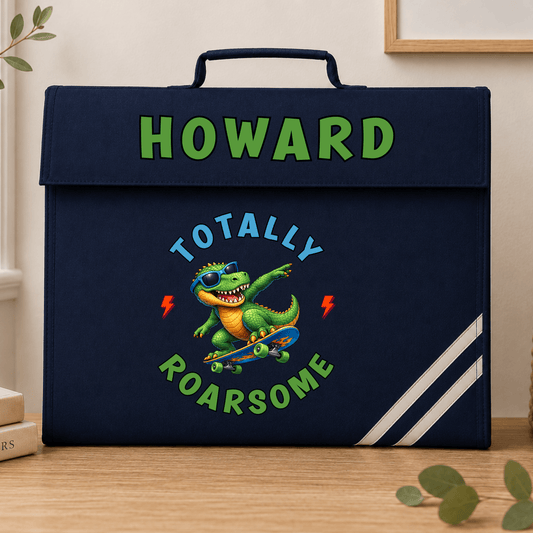Personalised Back to School Book Bag, Boys School Book Bag with name and colourful skateboarding dinosaur design, available in green, navy, royal blue and burgundy.