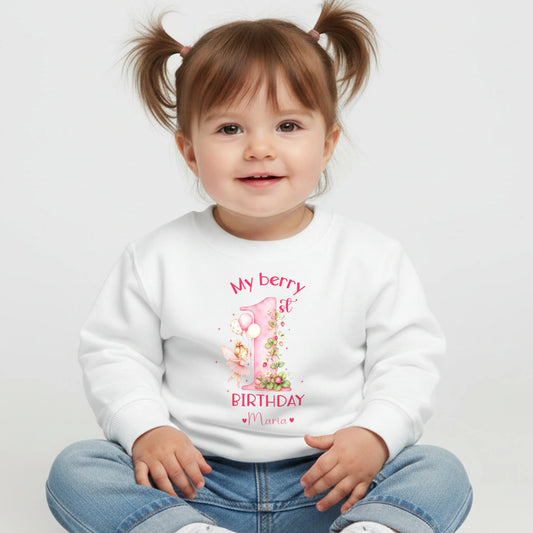Berry 1st Birthday Sweatshirt Personalised for Girls – Strawberry Fairy Birthday Jumper - AishaBaileyDesigns