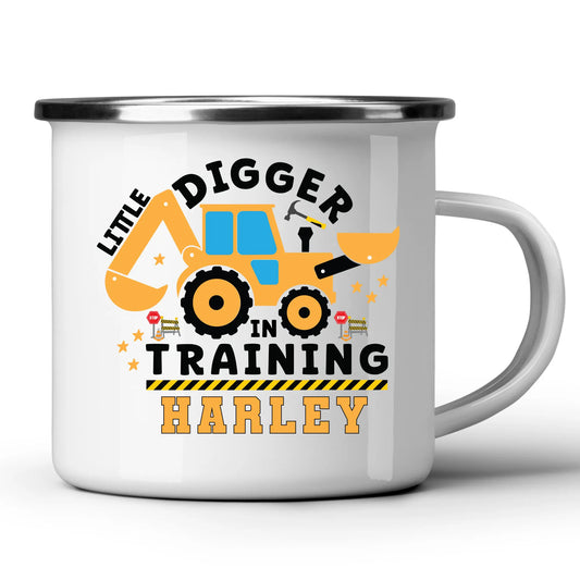 Personalised Digger mug for boys with custom name, enamel toddler mug with name