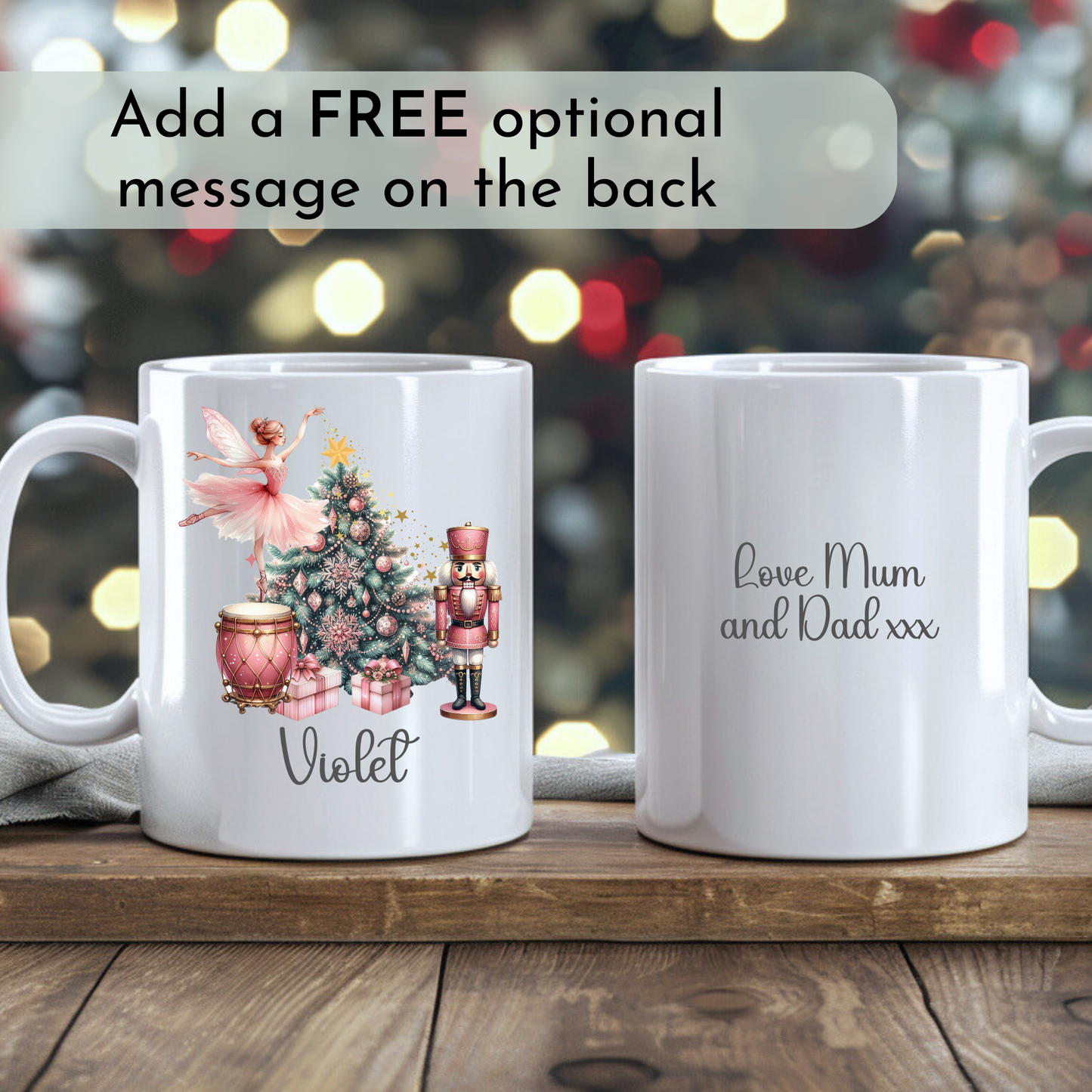 Girls Christmas Mug with Nutcracker and Ballerina design, personalised with name, Girl personalised Christmas gift, stocking filler, Christmas Eve box