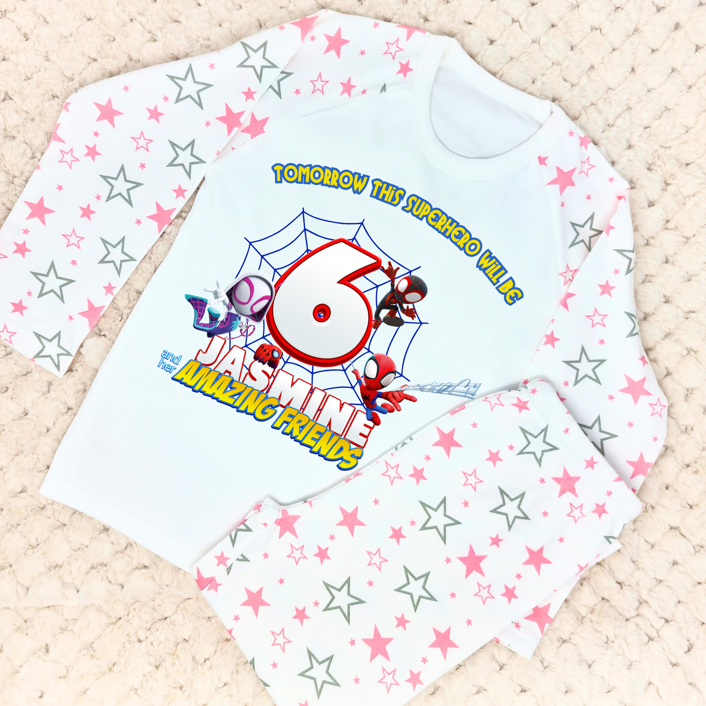 Spidey birthday pyjamas, when i wake up spidey, spidey and his amazing friends, spidey for girls personalised, girls superhero pjs