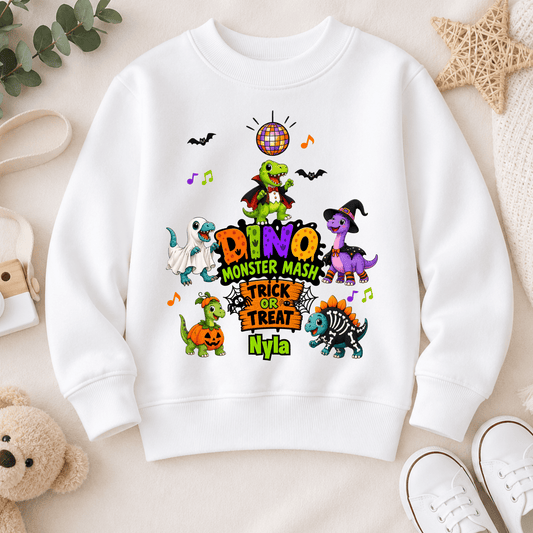Personalised Halloween Sweatshirt for kids with name, colourful Dino Monster Mash dinosaurs, Trick or Treat design and cute Halloween characters.