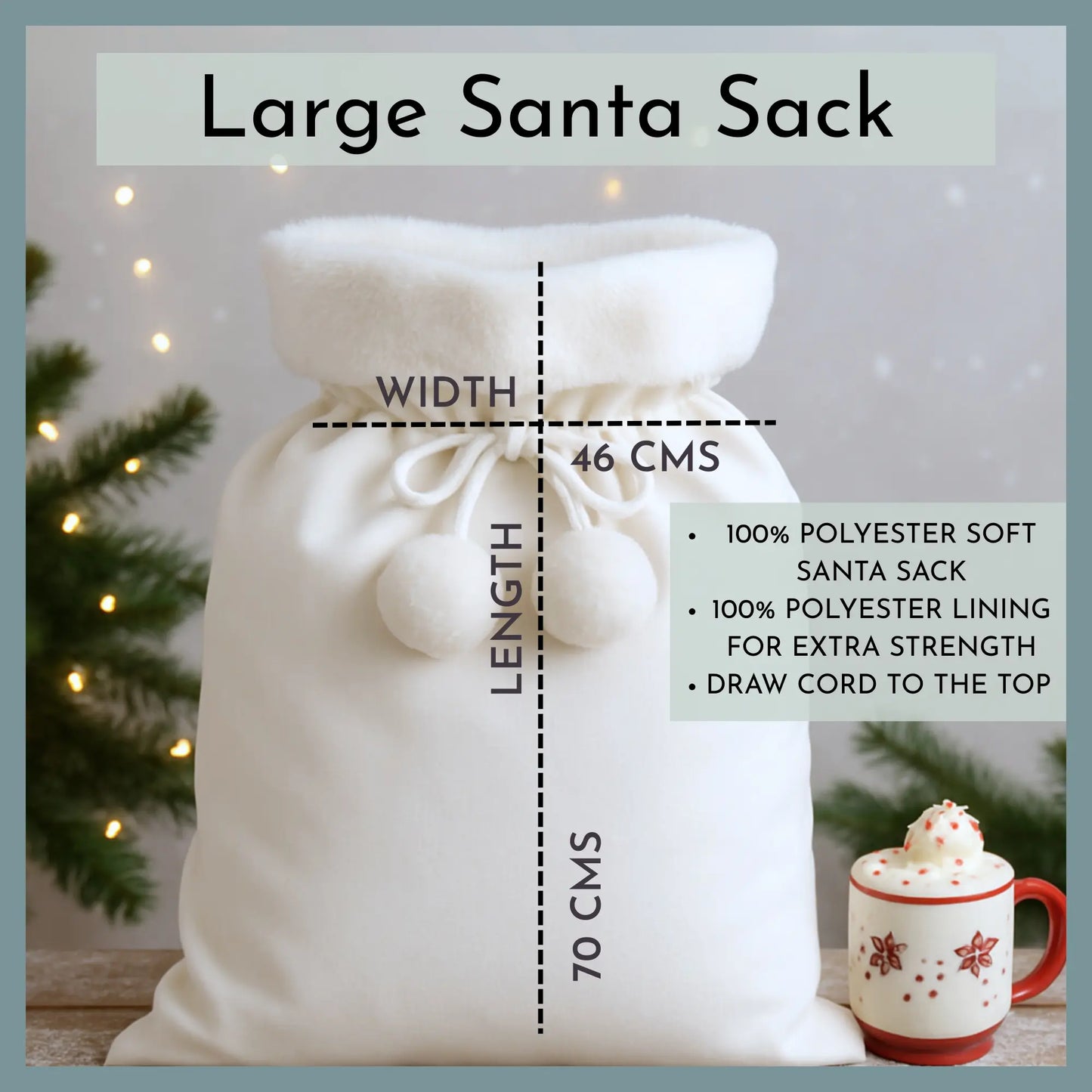 personalised christmas sack, White large Santa sack with measurements and a Christmas mug on a light background