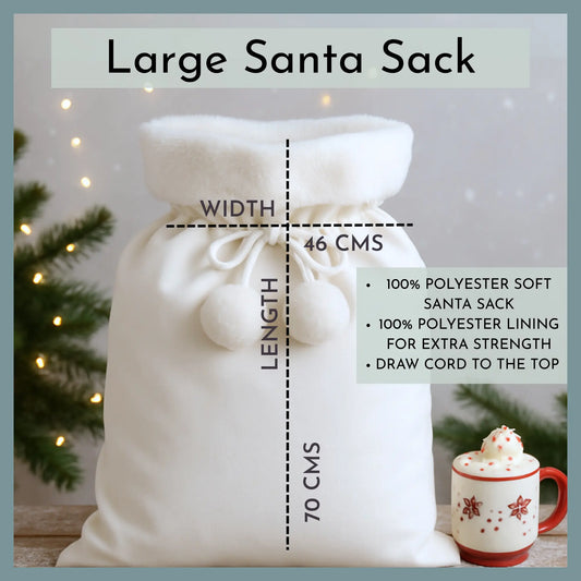 personalised christmas sack, White large Santa sack with measurements and a Christmas mug on a light background