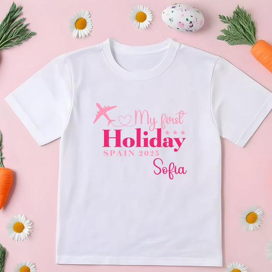 Family VacaFamily Vacation Shirt: Personalised First Holiday T-shirt for kids, Our First Holiday top, First holiday outfittion Shirt: Personalised First Holiday T-shirt for kids, Our First Holiday tee