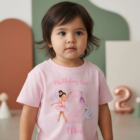 personalised Ballerina birthday t-shirt with custom name and age. The cute birthday gift for girls
