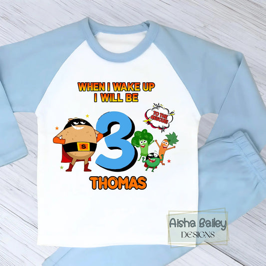 Boys personalised Supertato birthday pyjamas with When I Wake Up design, custom name and age, white star print kids PJs